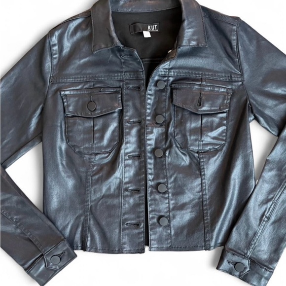 Faux Leather Navy Blackish Cropped Biker Jacket by KUT from the Kloth - Picture 3 of 8